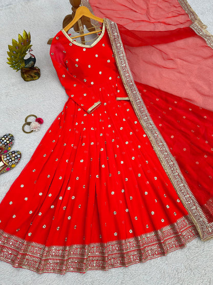 Attractive Border Sequence Work Red Color Gown