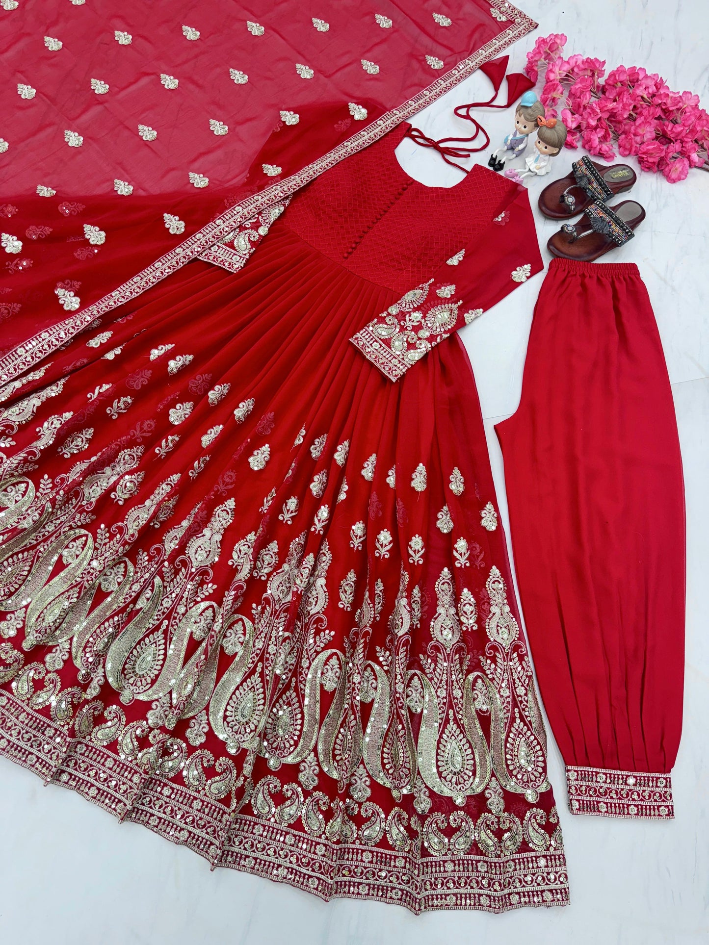 Amazing Red Embroidery Sequence Work Georgette Anarkali Gown