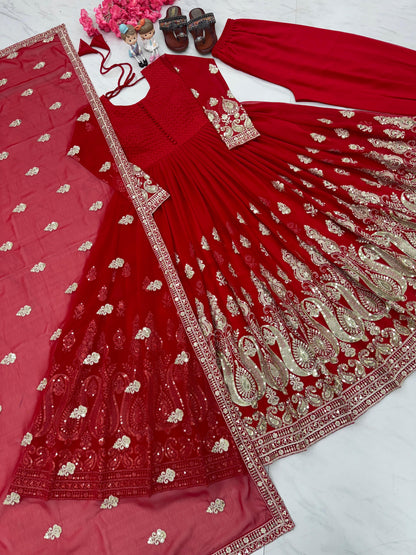 Amazing Red Embroidery Sequence Work Georgette Anarkali Gown