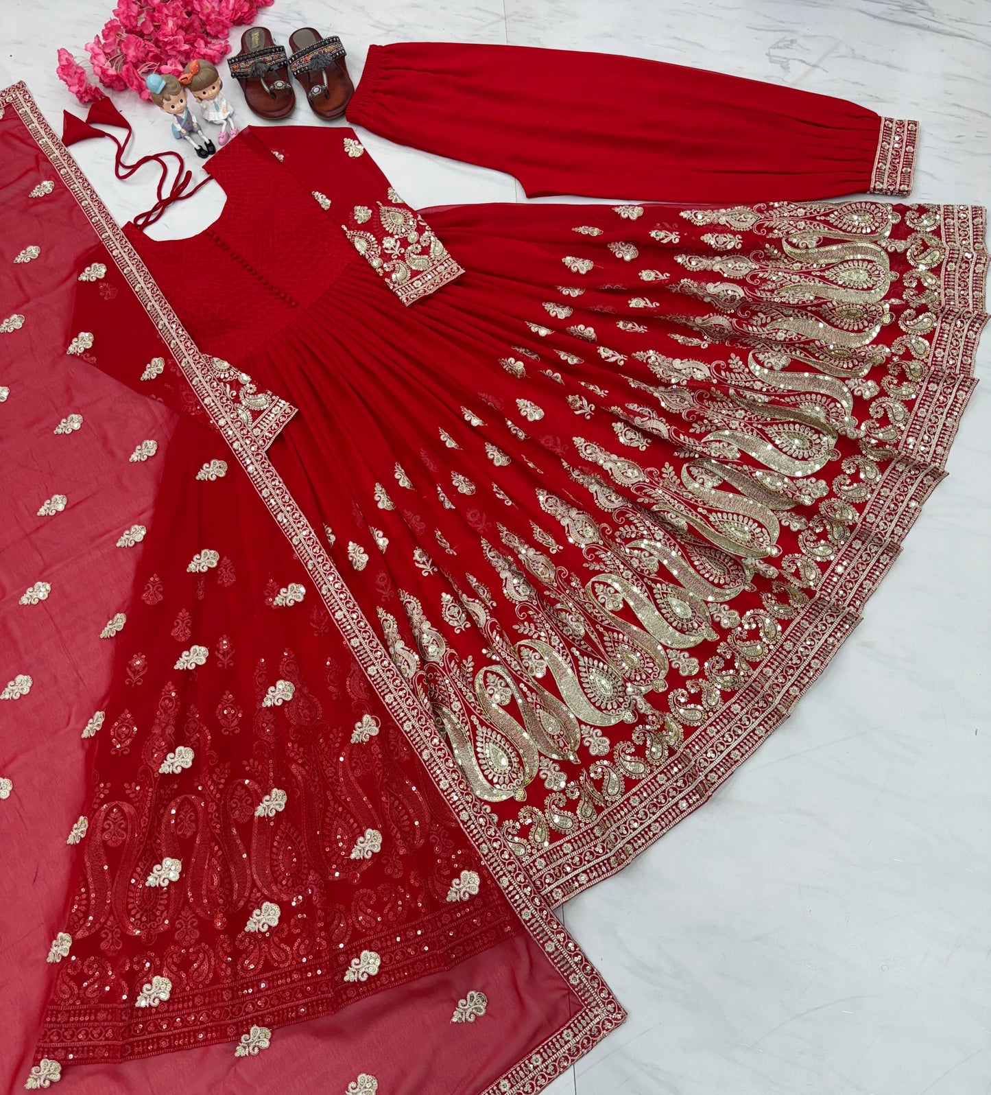 Amazing Red Embroidery Sequence Work Georgette Anarkali Gown