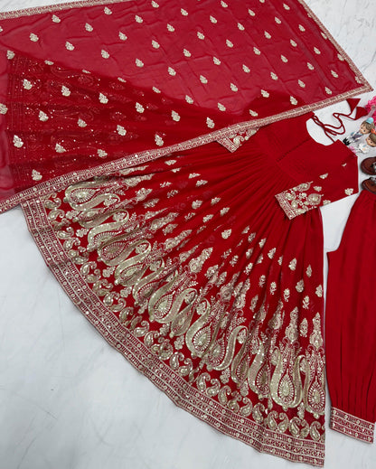 Amazing Red Embroidery Sequence Work Georgette Anarkali Gown