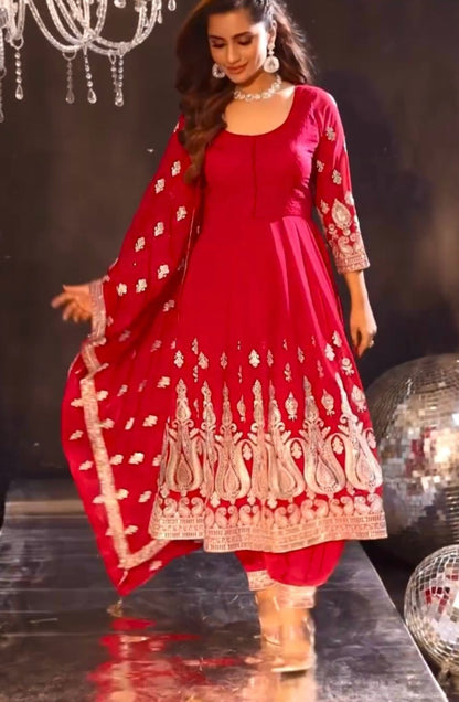 Amazing Red Embroidery Sequence Work Georgette Anarkali Gown