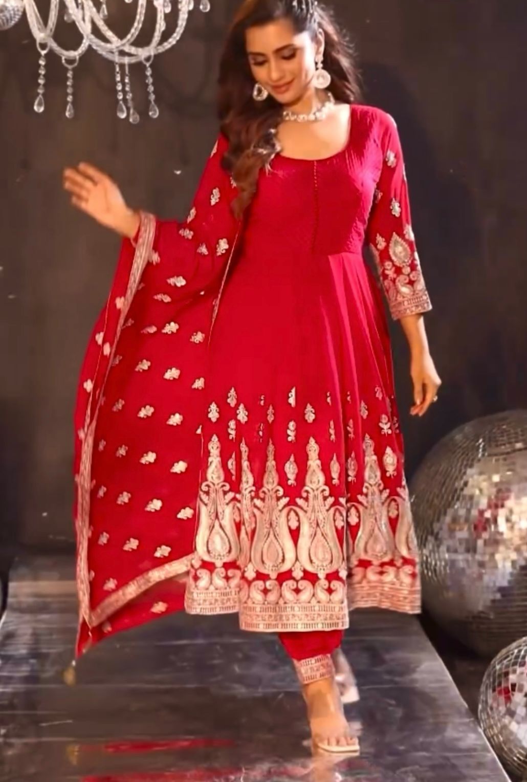 Amazing Red Embroidery Sequence Work Georgette Anarkali Gown