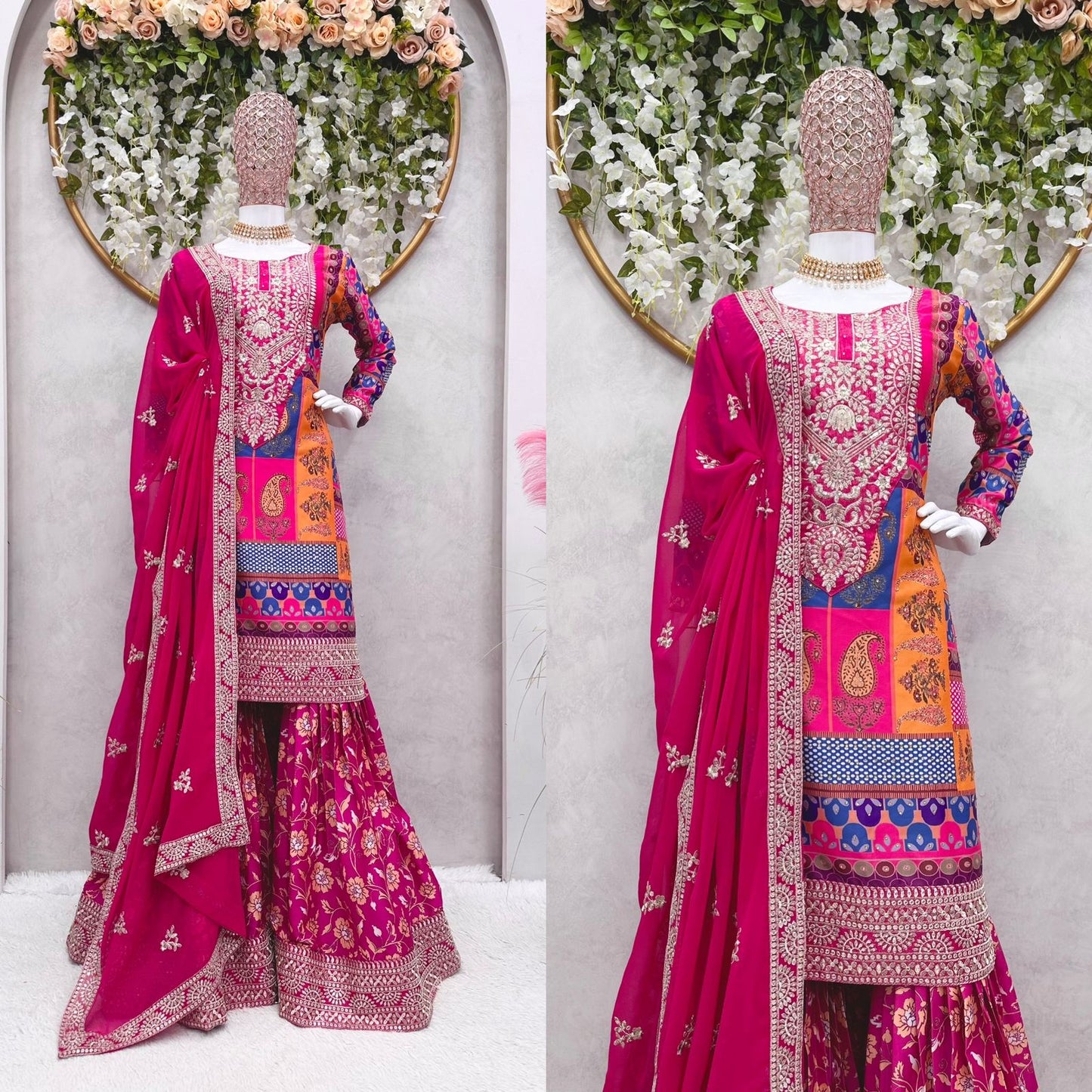 Thread Sequence Work Pink Color Heavy Sharara Suit