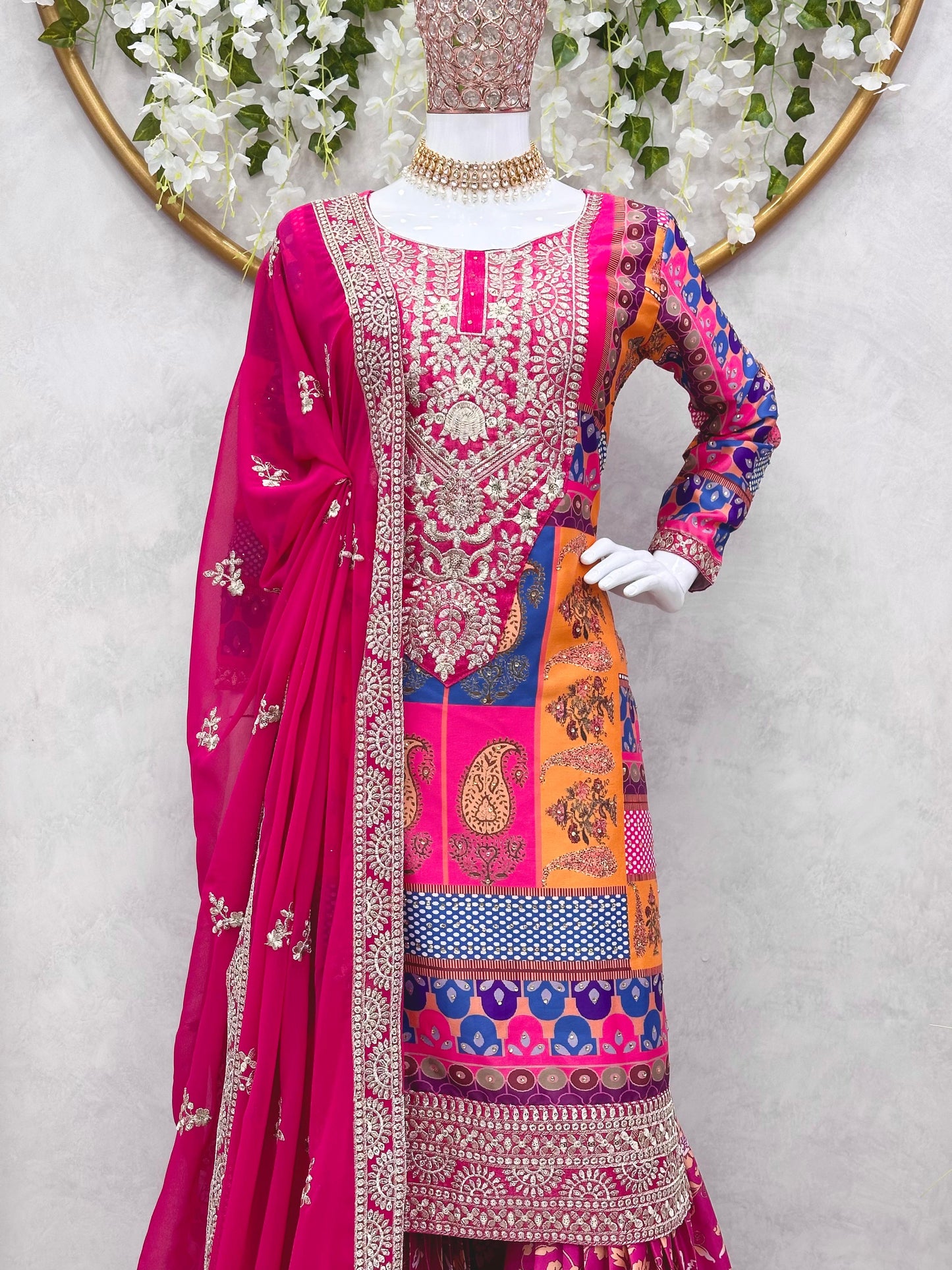 Thread Sequence Work Pink Color Heavy Sharara Suit