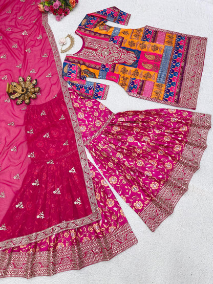 Thread Sequence Work Pink Color Heavy Sharara Suit