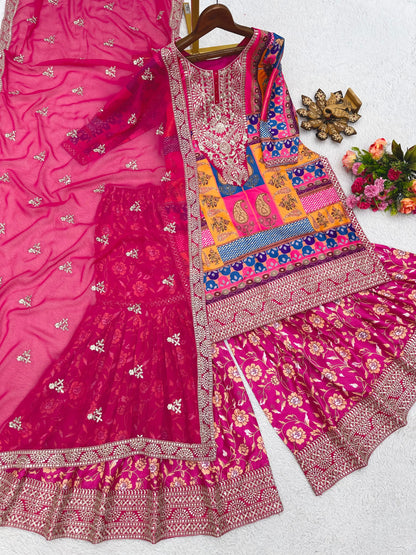 Thread Sequence Work Pink Color Heavy Sharara Suit