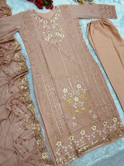 Peach Color Heavy Work Kurti Pant With Dupatta