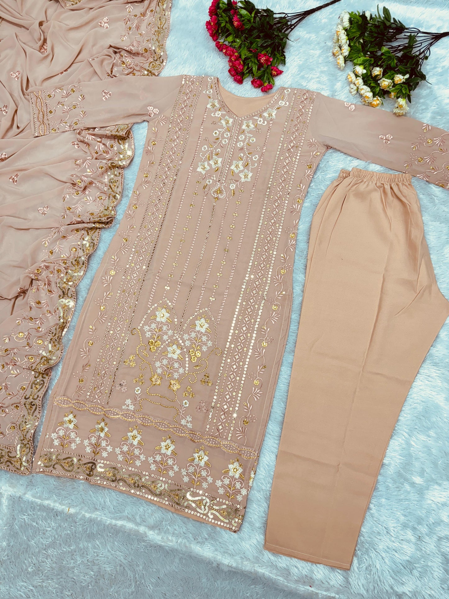 Peach Color Heavy Work Kurti Pant With Dupatta