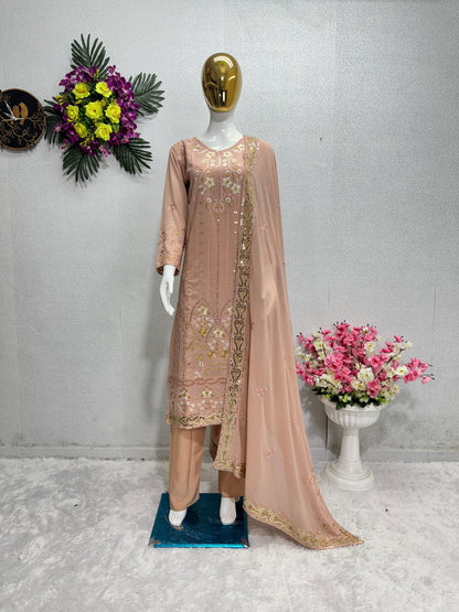 Peach Color Heavy Work Kurti Pant With Dupatta