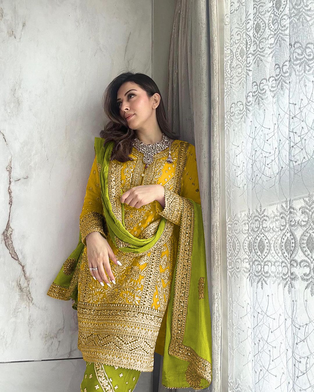 Heavy Exotic Embroidery Work Yellow Palazzo Suit