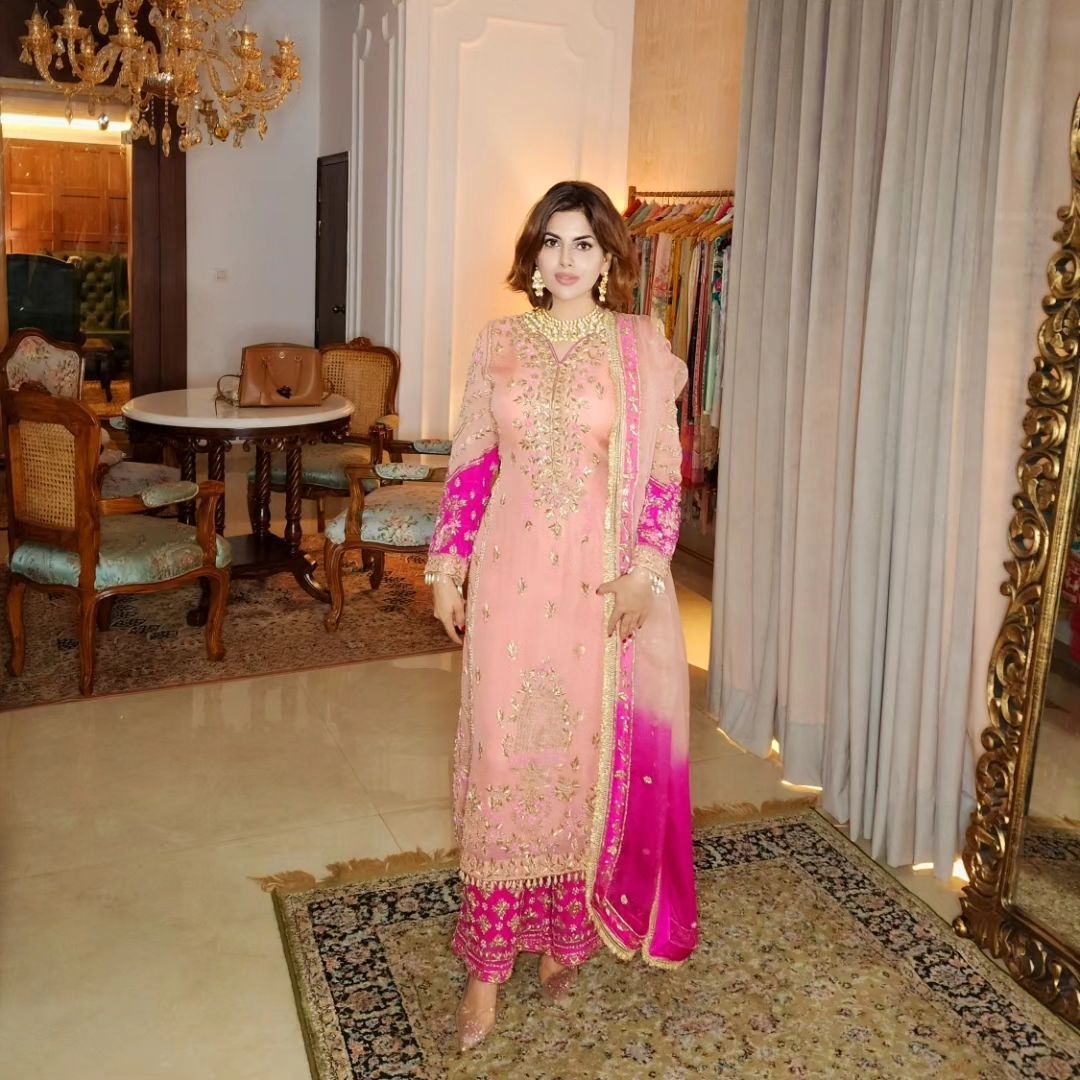 Graceful Embroidery Work Peach And  Pink Palazzo Suit