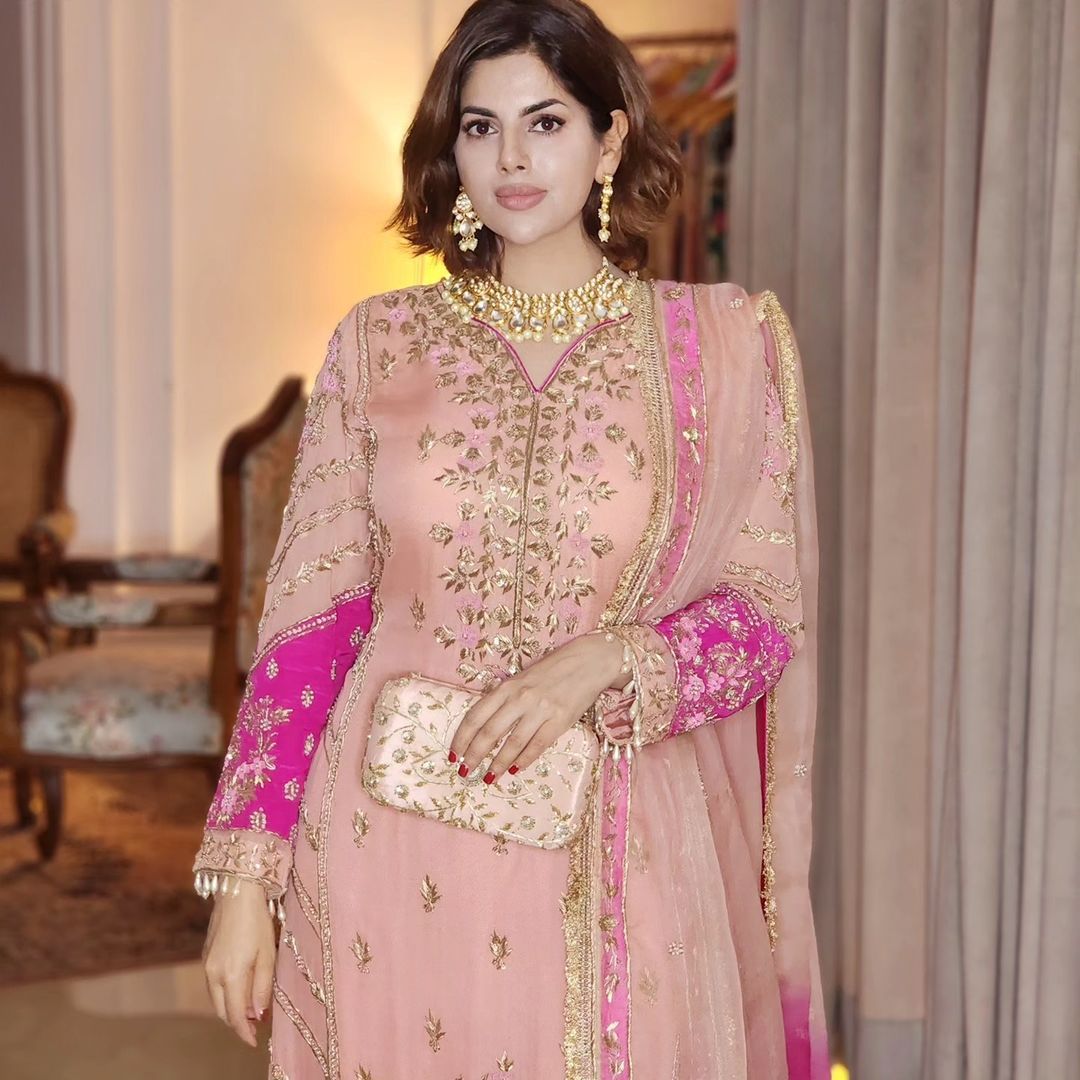 Graceful Embroidery Work Peach And  Pink Palazzo Suit