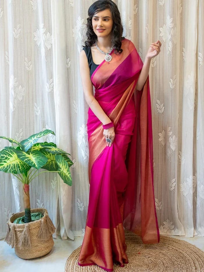 Beautiful Look Ready To Wear Pink Color Saree