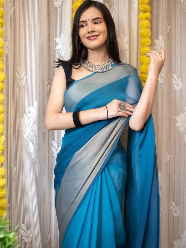 Beautiful Look Ready To Wear Sky Blue Color Saree