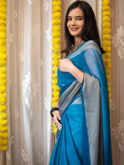 Beautiful Look Ready To Wear Sky Blue Color Saree