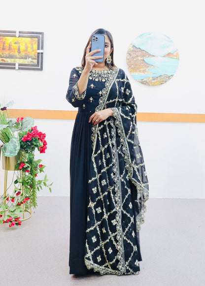 Fantastic Embroidery Work Black Color Gown