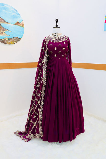 Fantastic Embroidery Work Wine Color Gown