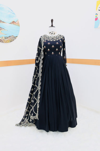 Fantastic Embroidery Work Black Color Gown