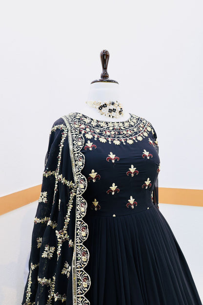 Fantastic Embroidery Work Black Color Gown