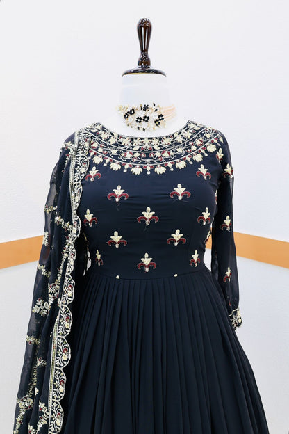 Fantastic Embroidery Work Black Color Gown