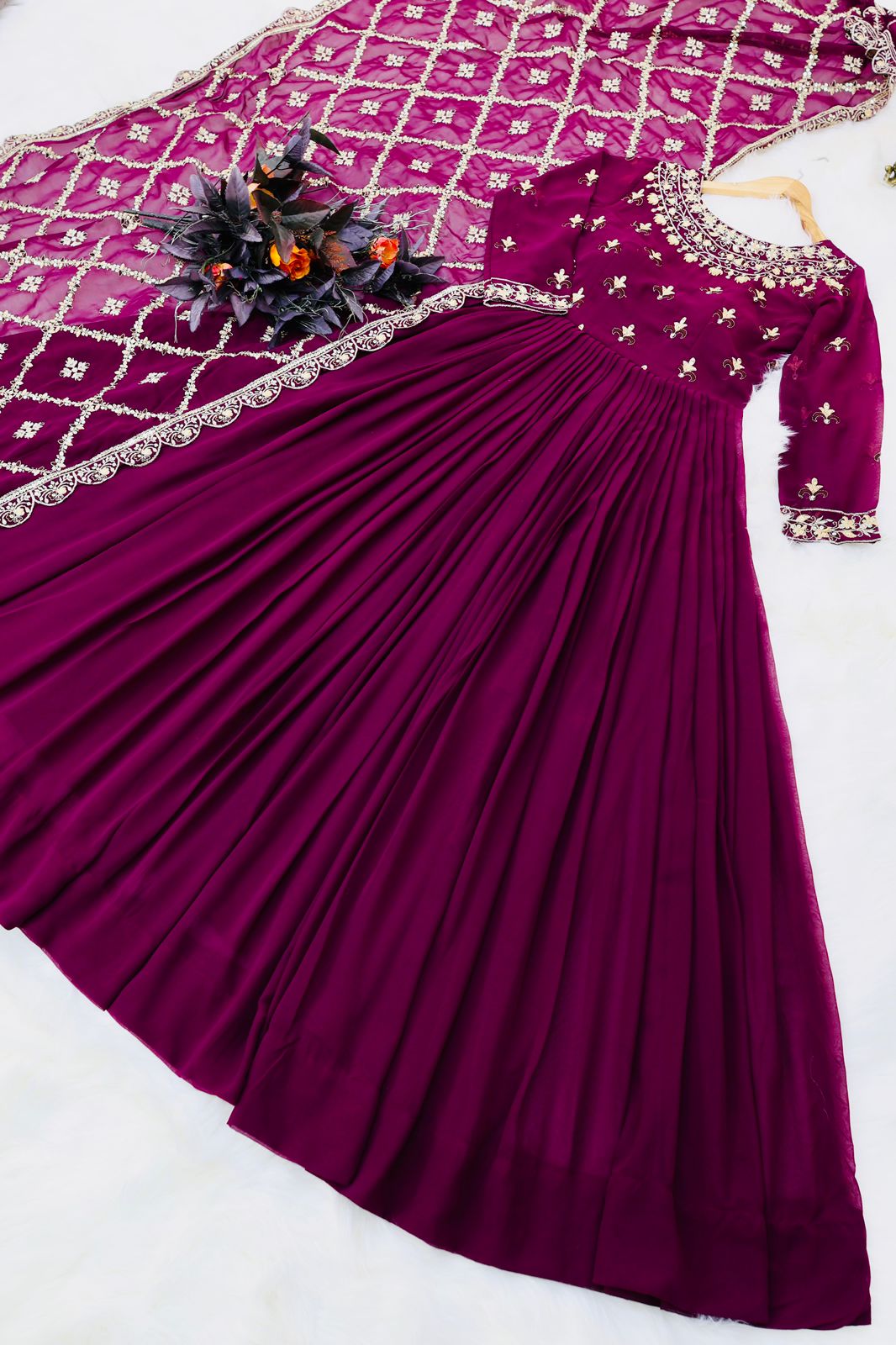 Fantastic Embroidery Work Wine Color Gown