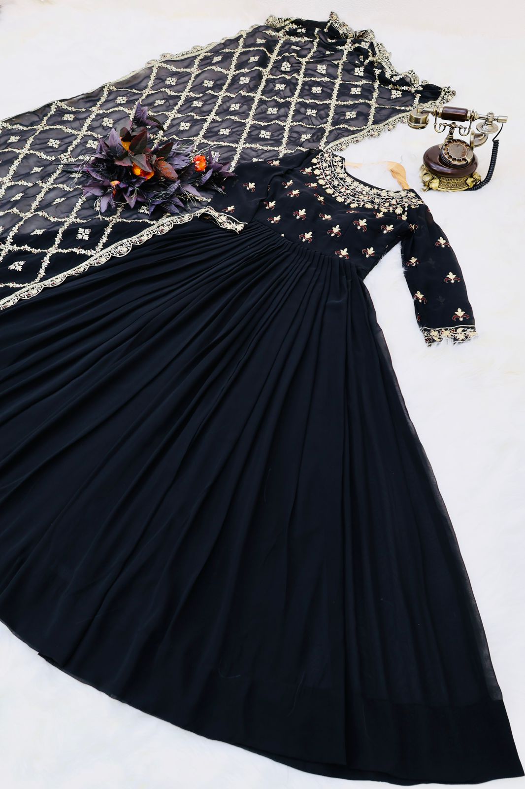 Fantastic Embroidery Work Black Color Gown