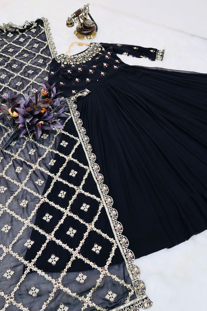 Fantastic Embroidery Work Black Color Gown