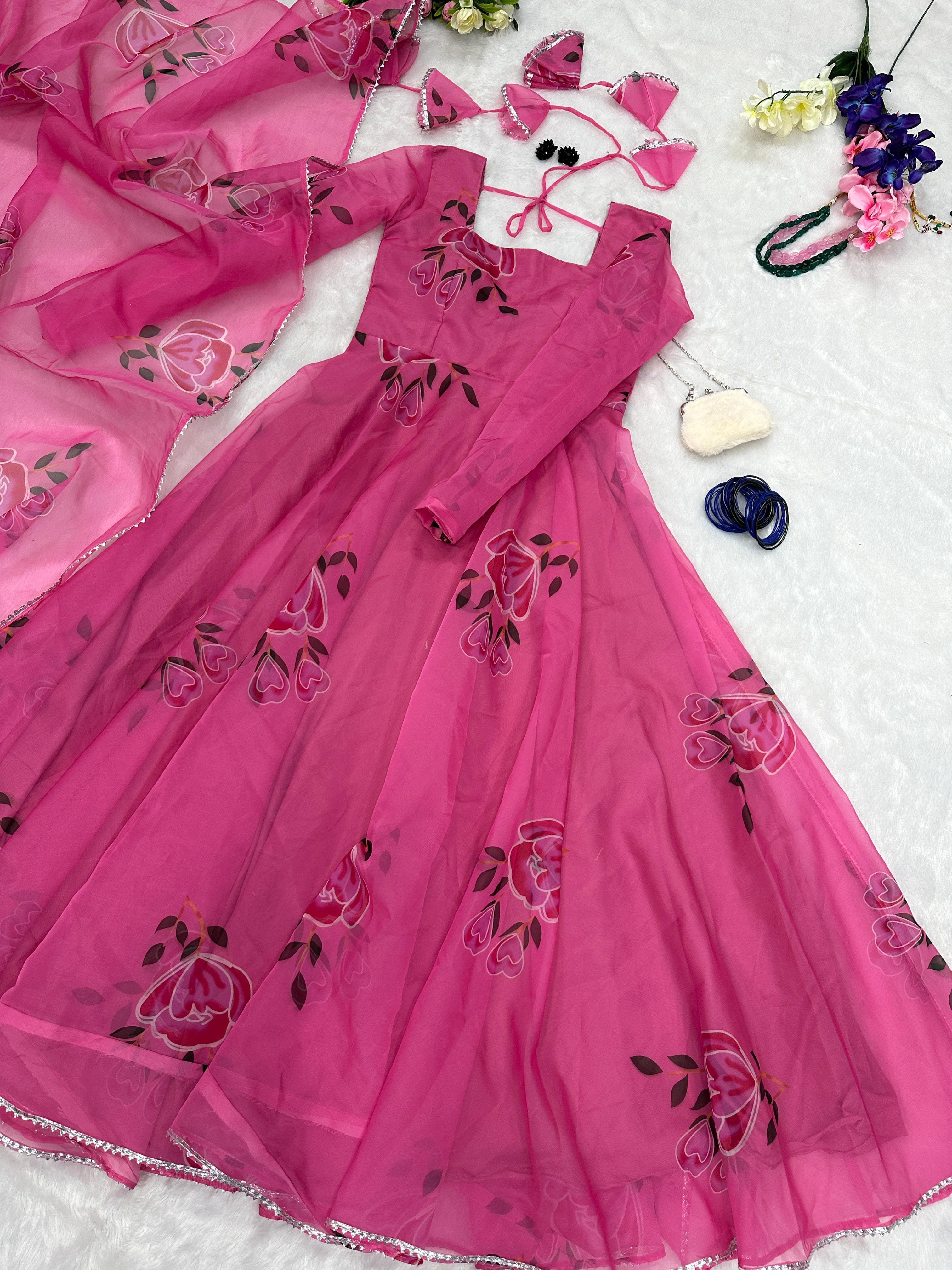 Attractive Digital Printed Pink Color Anarkali Gown