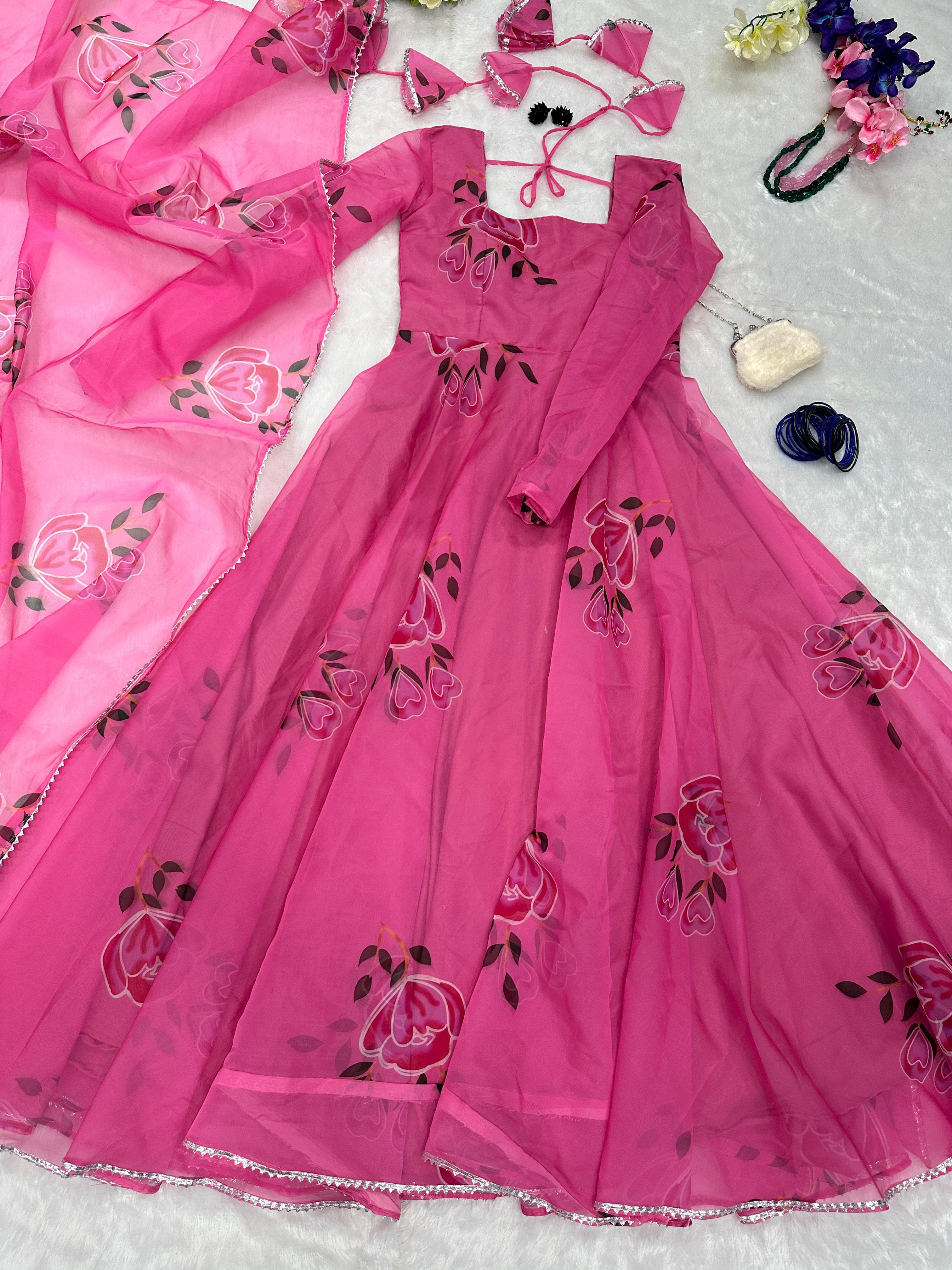 Attractive Digital Printed Pink Color Anarkali Gown