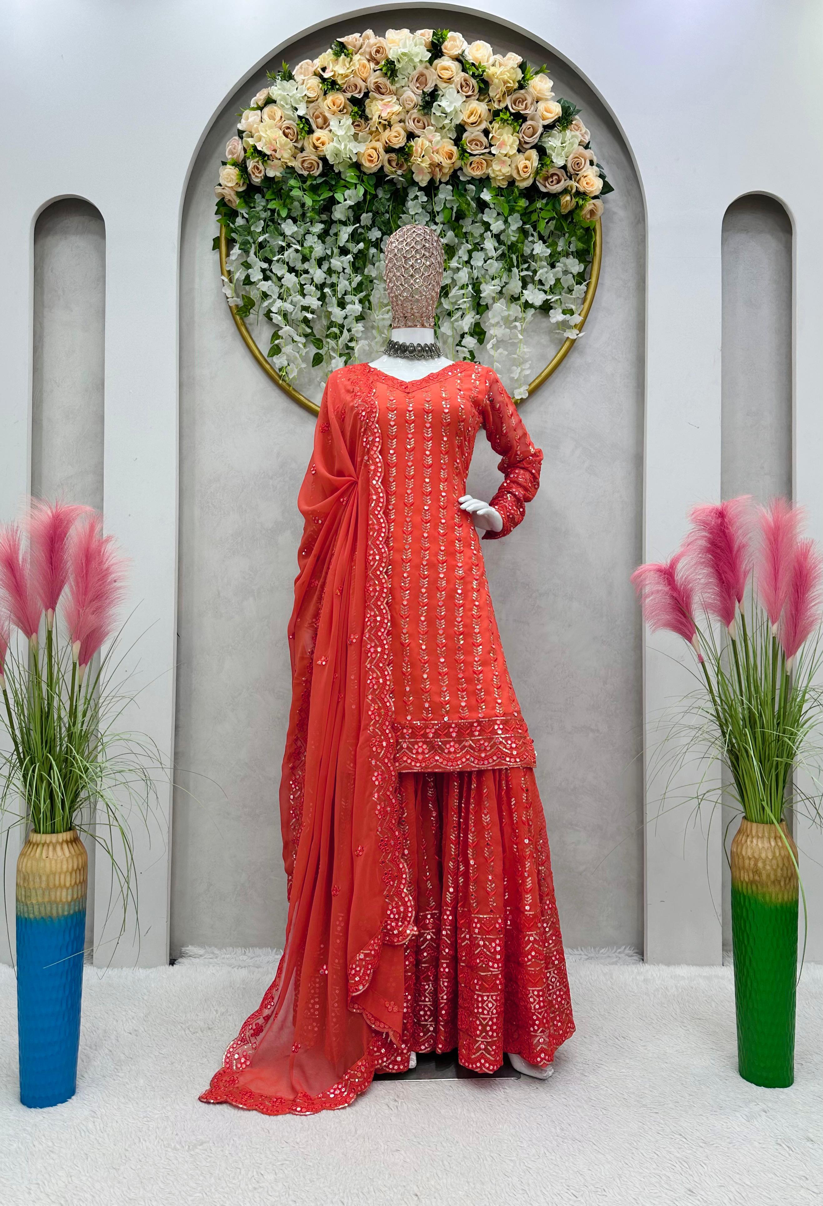 Designer Orange Color Full Heavy Work Sharara Suit