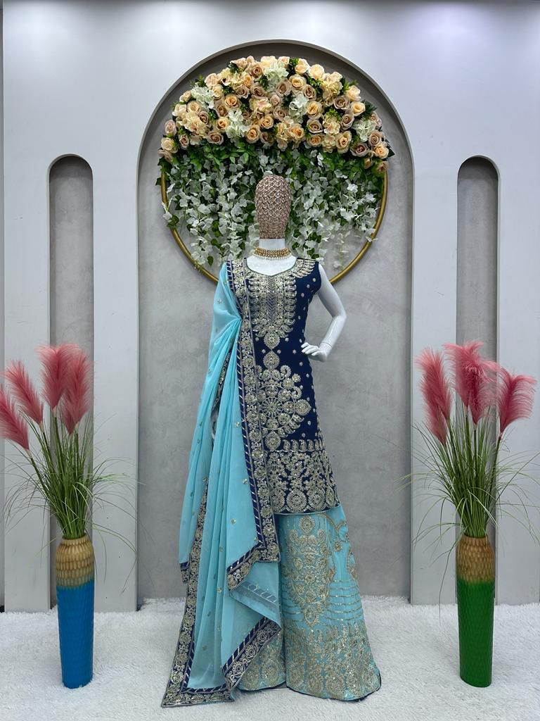 Heavy Sequence Work Blue Color Wedding Wear Sharara Suit