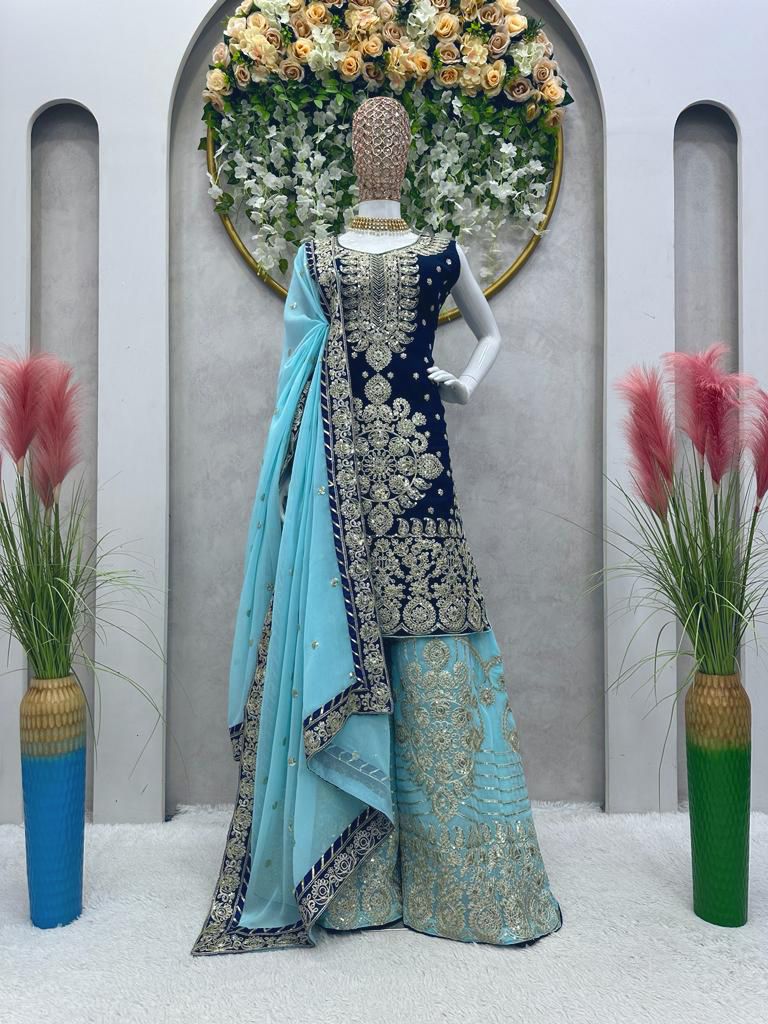 Heavy Sequence Work Blue Color Wedding Wear Sharara Suit