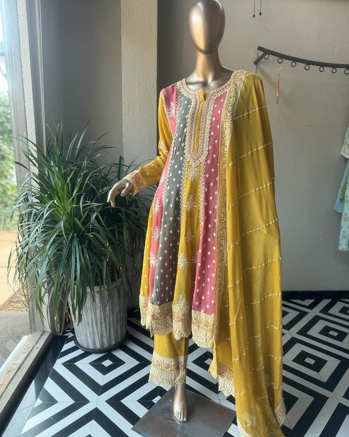 Yellow With Multi Embroidery Work Palazzo Suit