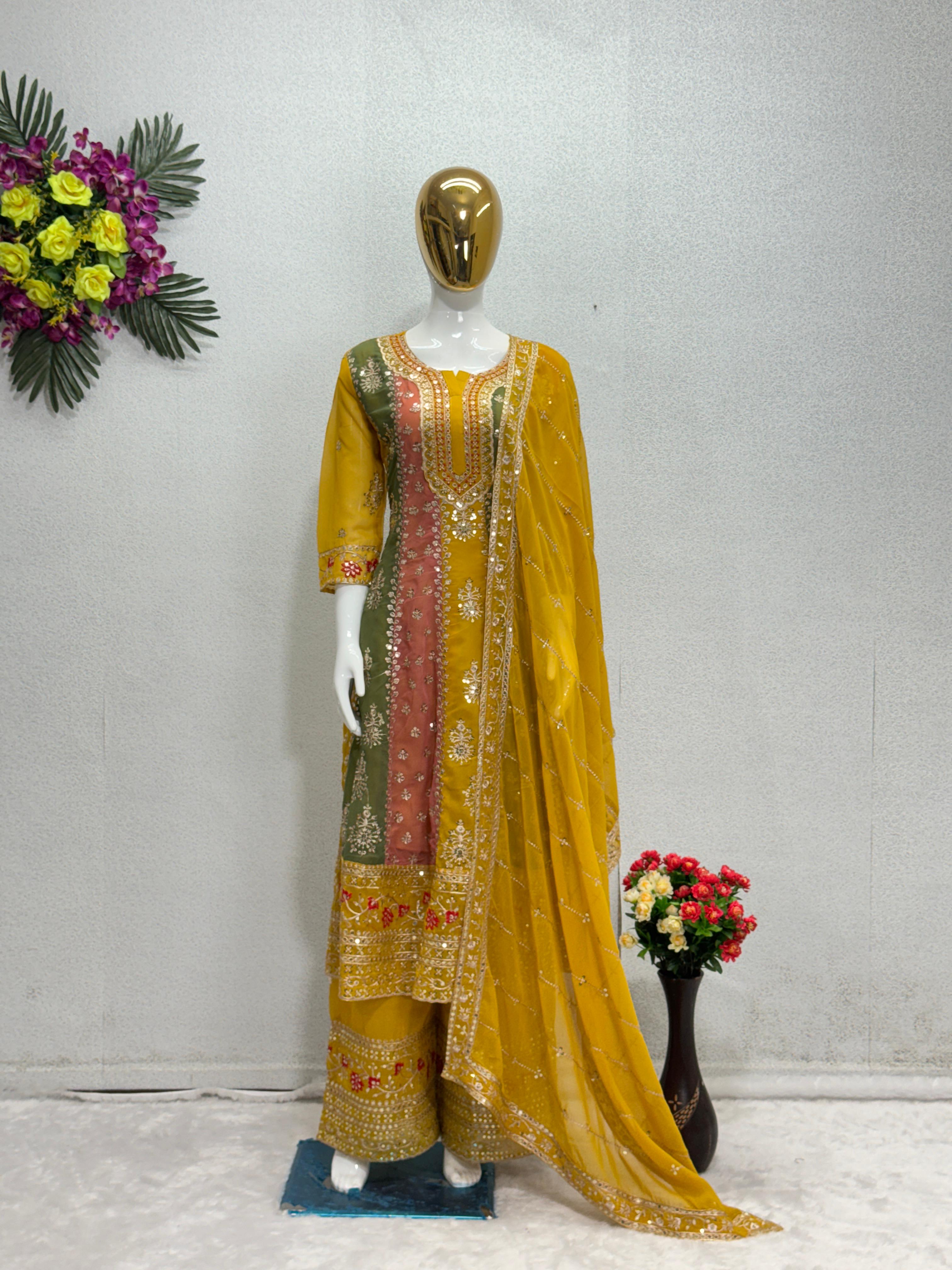 Yellow With Multi Embroidery Work Palazzo Suit