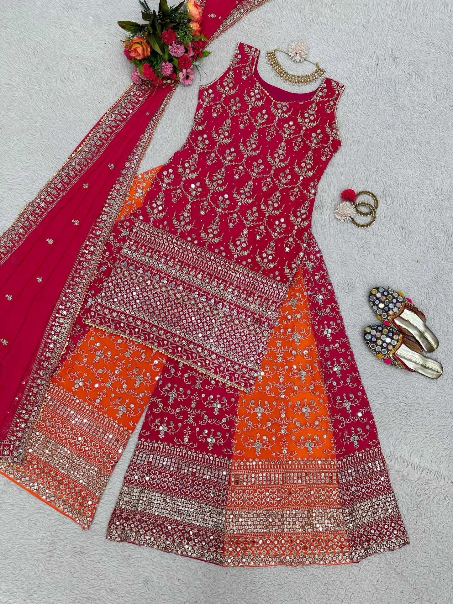 Pink Color Full Heavy Zari With Sequence Work Sharara Suit