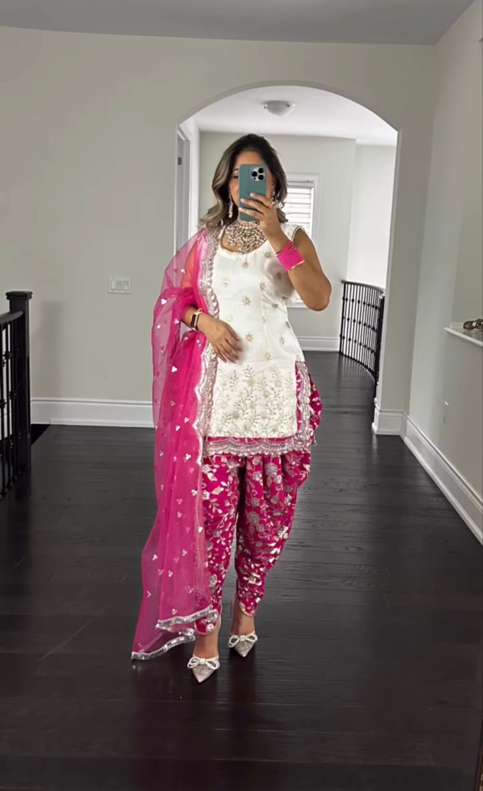 Punjabi Style White With Pink Full Work Dhoti Suit