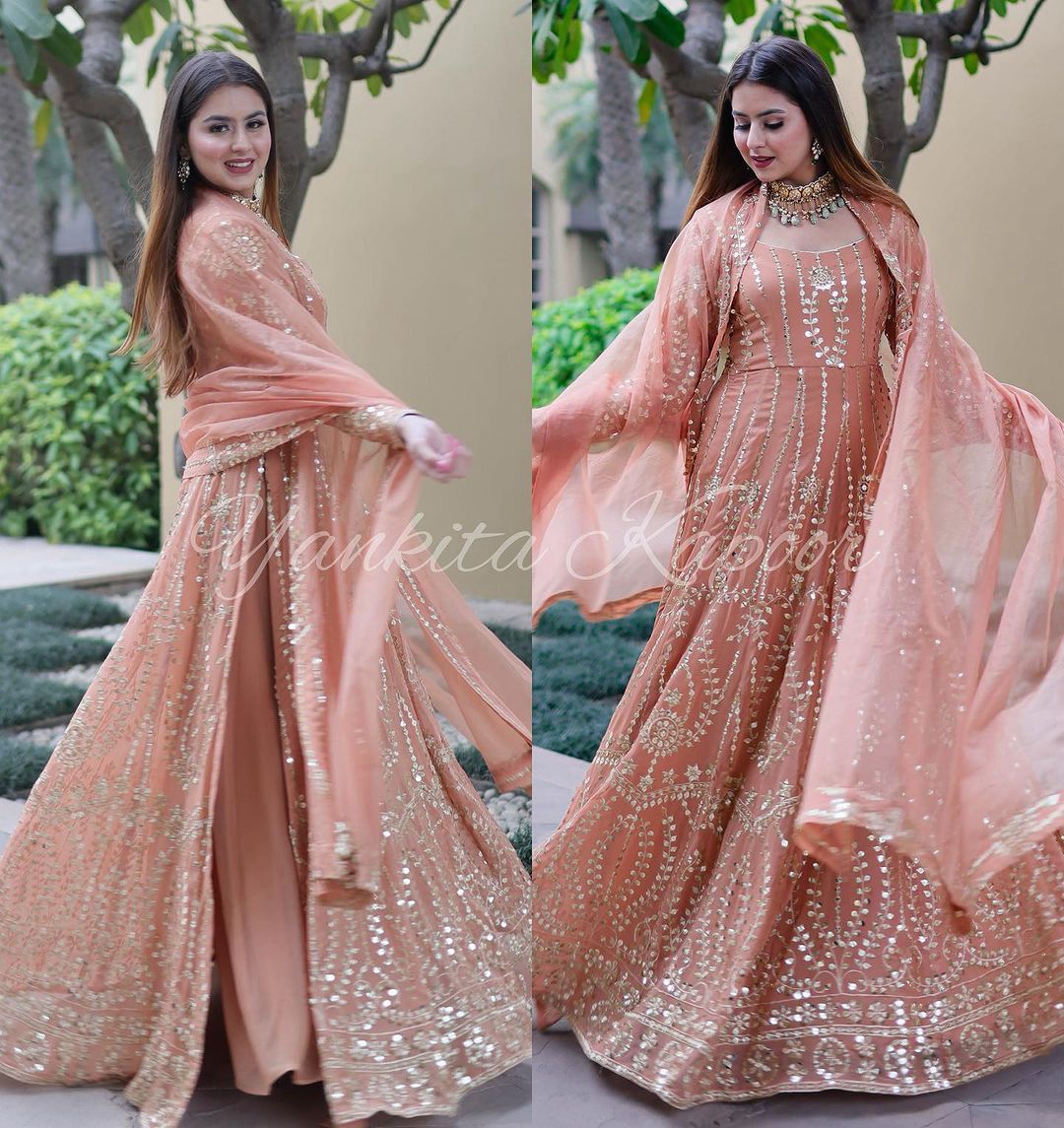 Dazzling Peach Color Sequence Work Long Top With Sharara