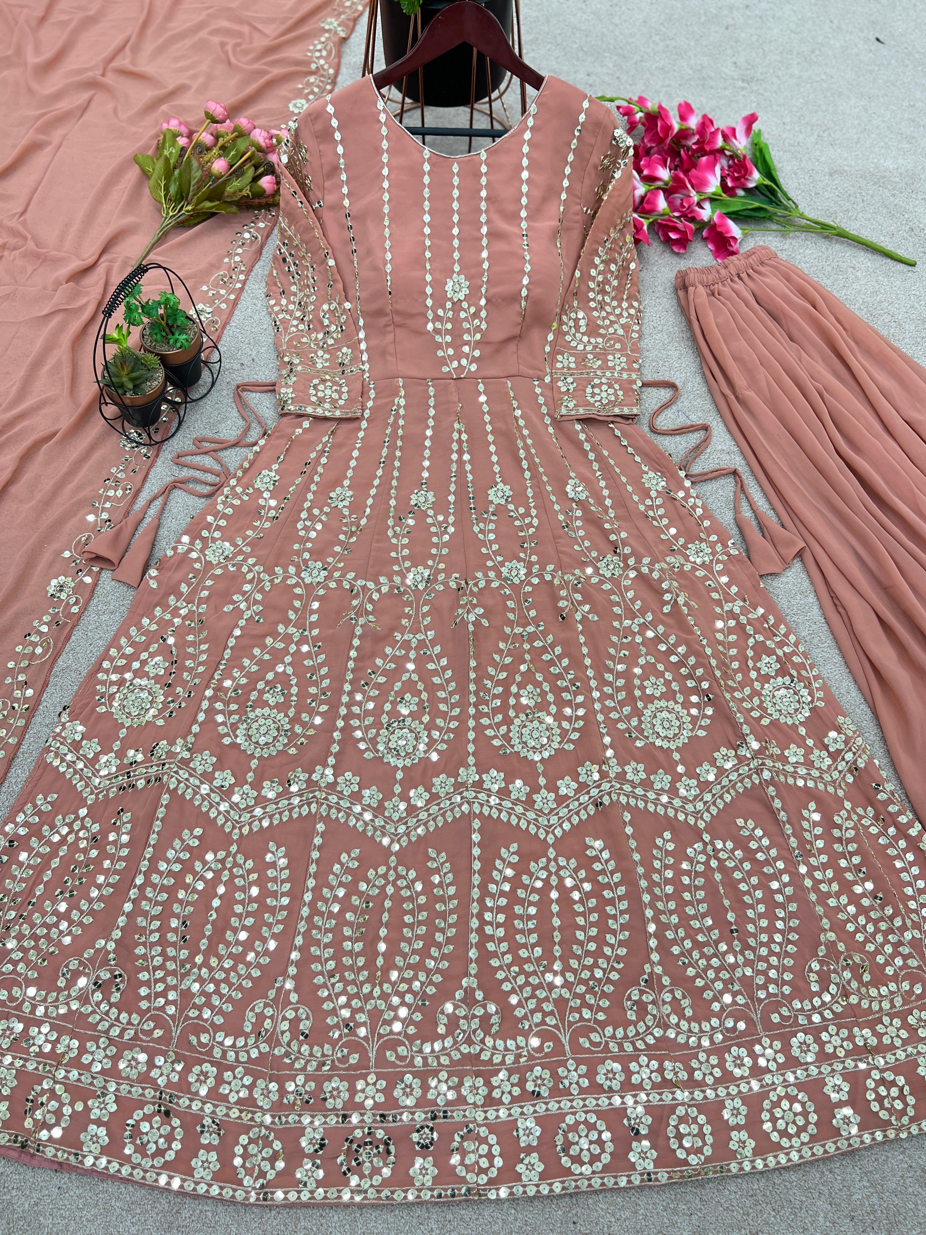 Dazzling Peach Color Sequence Work Long Top With Sharara