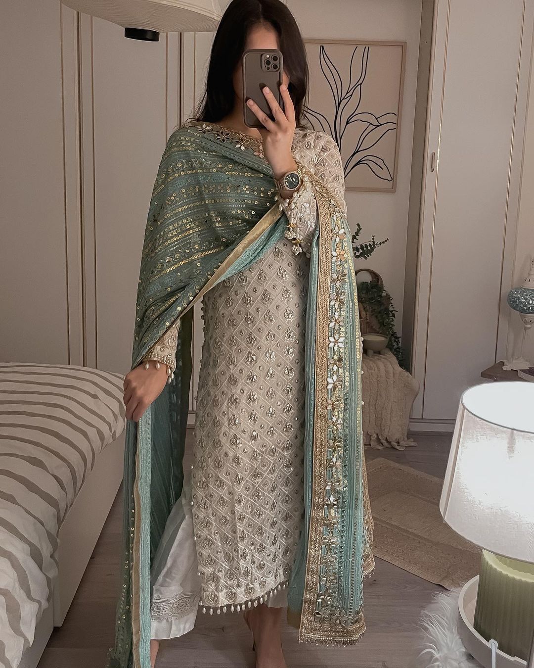 Glorious White Sequence Work Suit With Pista Green Dupatta