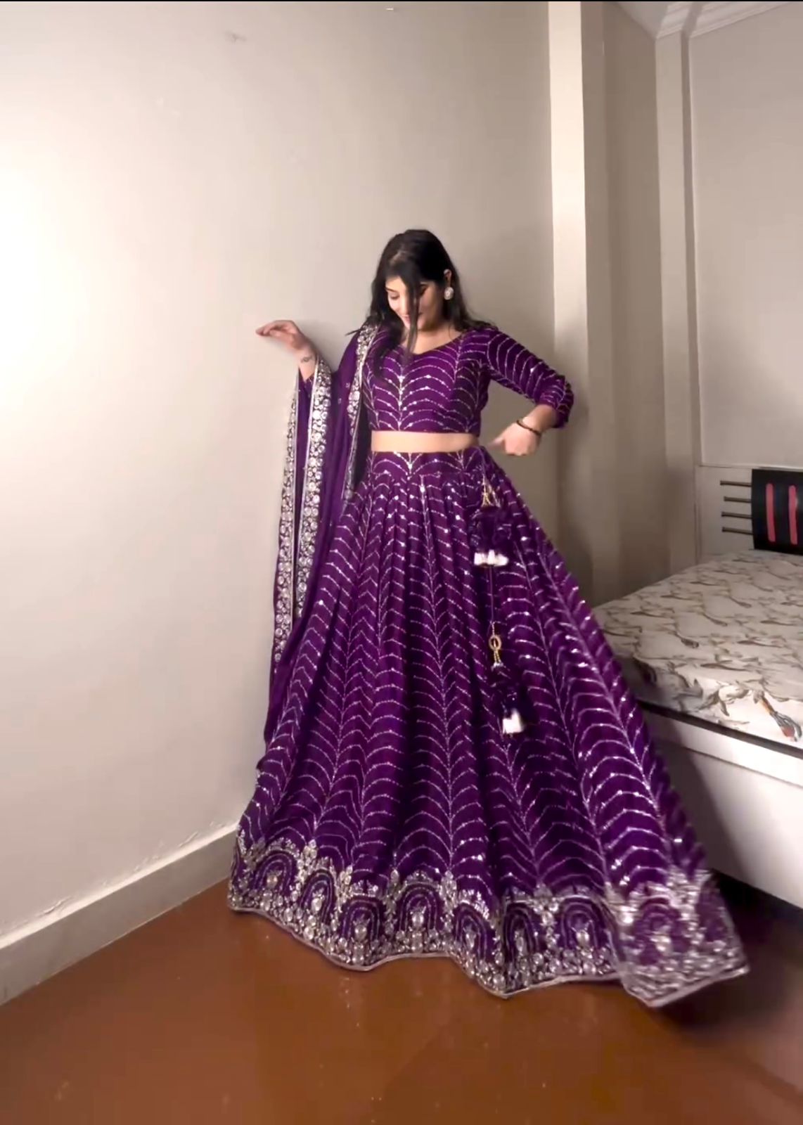 Purple Color Embroidery Sequence Work Glimmering Lehenga Choli