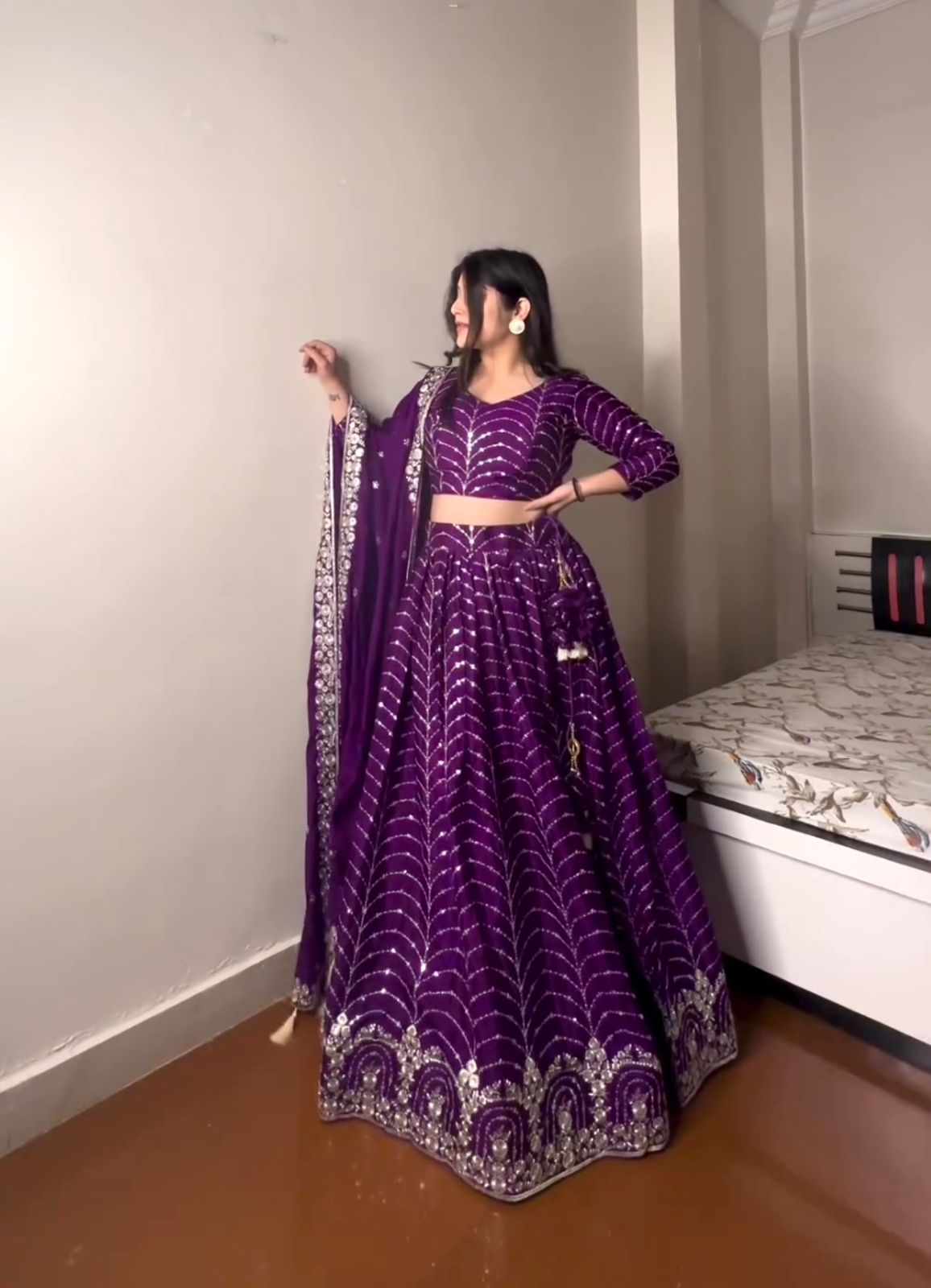 Purple Color Embroidery Sequence Work Glimmering Lehenga Choli