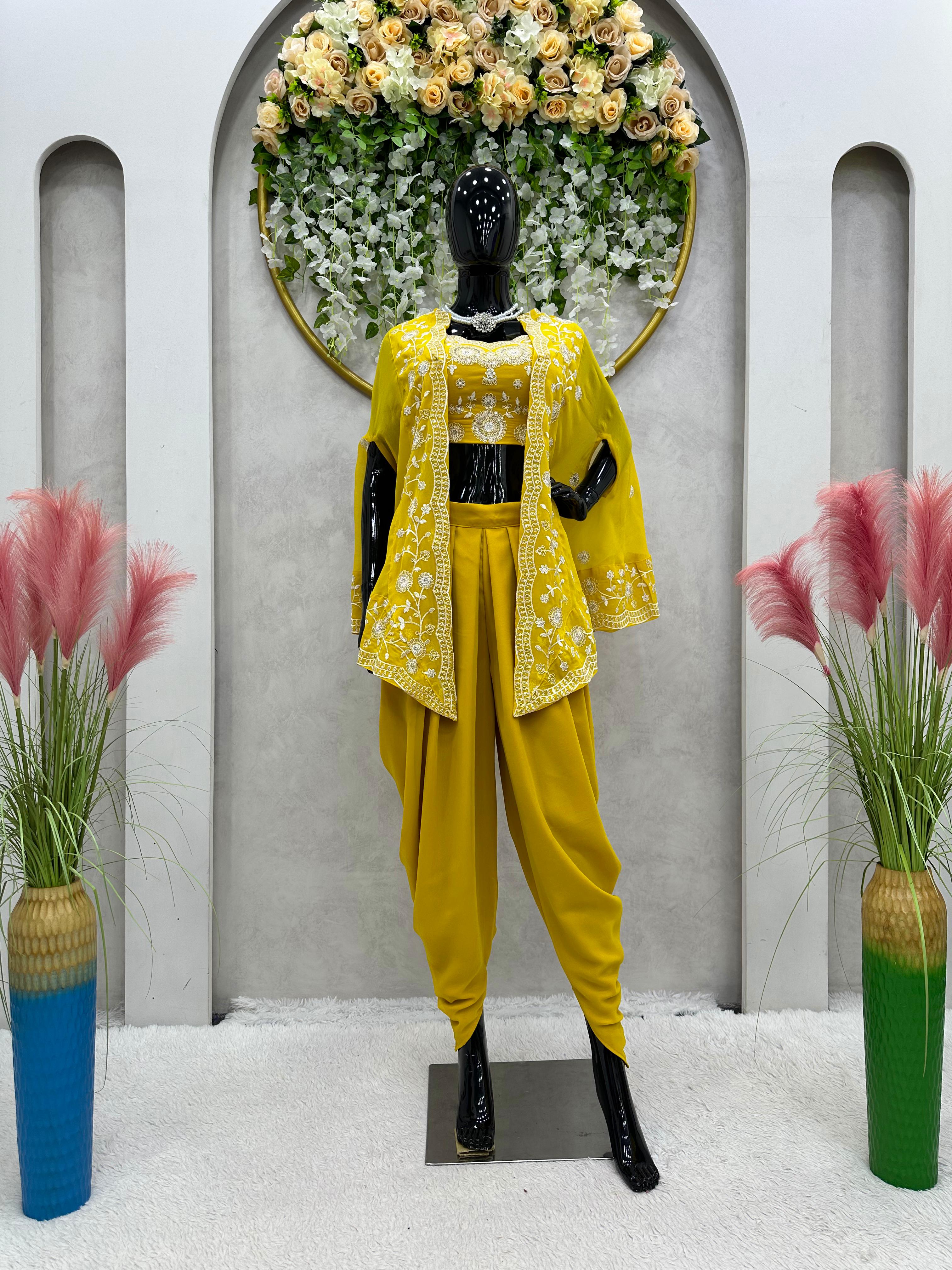 Yellow Short Anarkali Dress, Dhoti & Green Dupatta, Designer Punjabi Suit  EID Special Festival Clothing Shalwar Kameez Readymade Partywear - Etsy