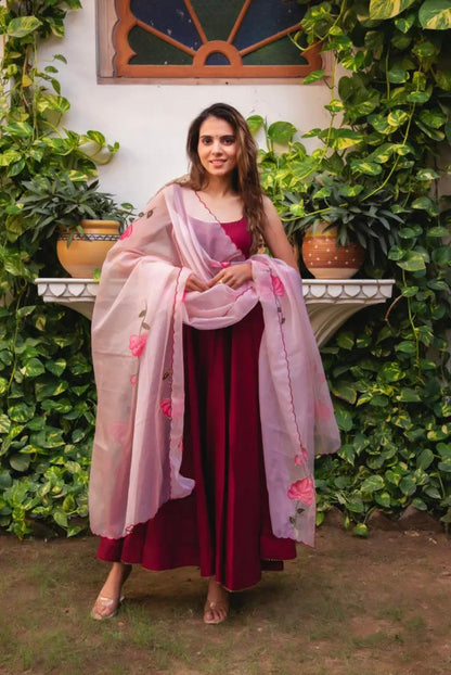 Decent Maroon Plain Gown With Printed Dupatta