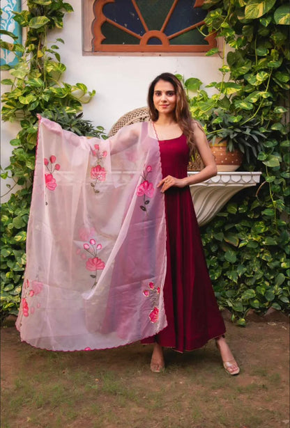 Decent Maroon Plain Gown With Printed Dupatta