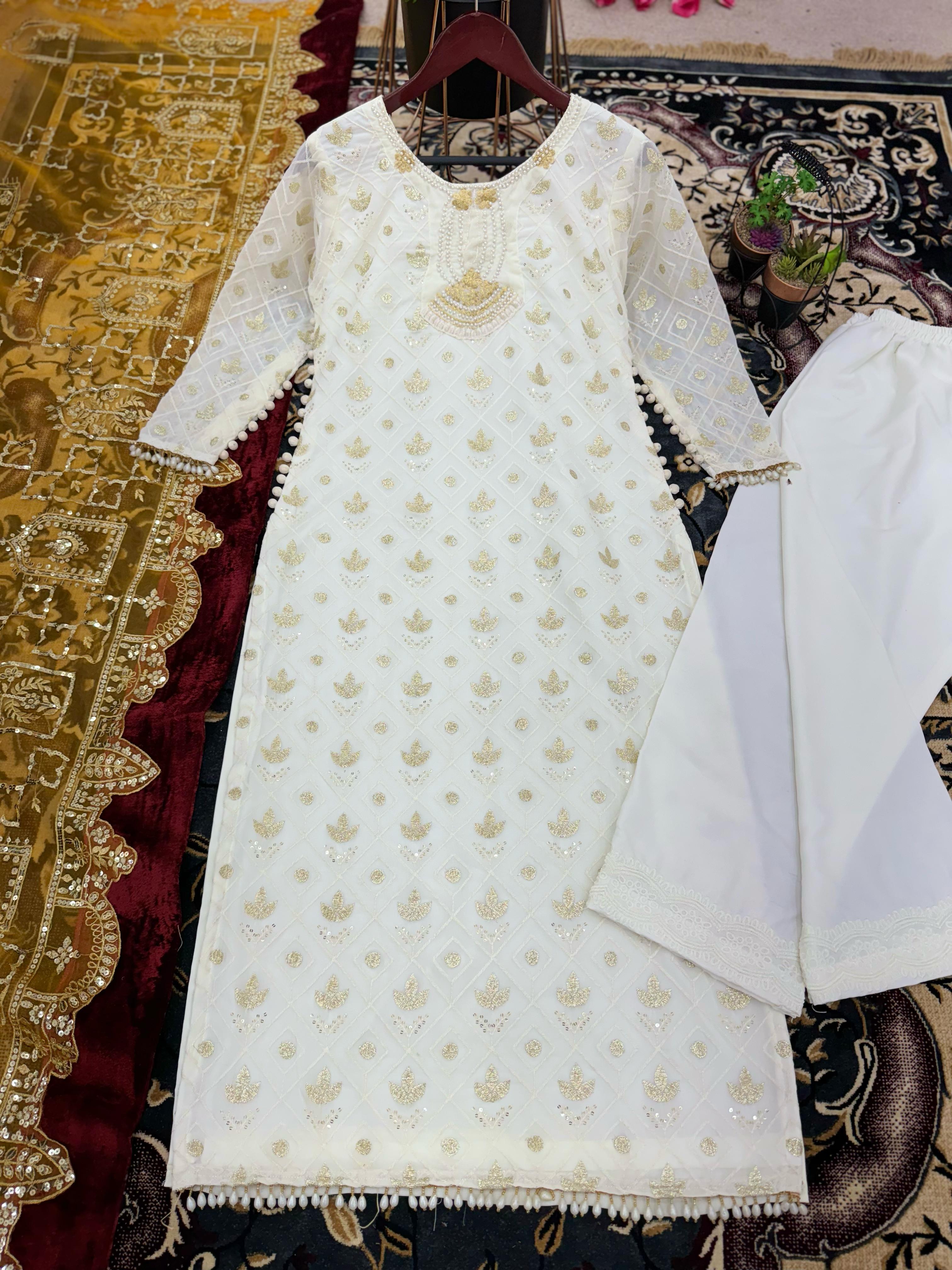 Ravishing White Color Salwar Suit With Net Dupatta