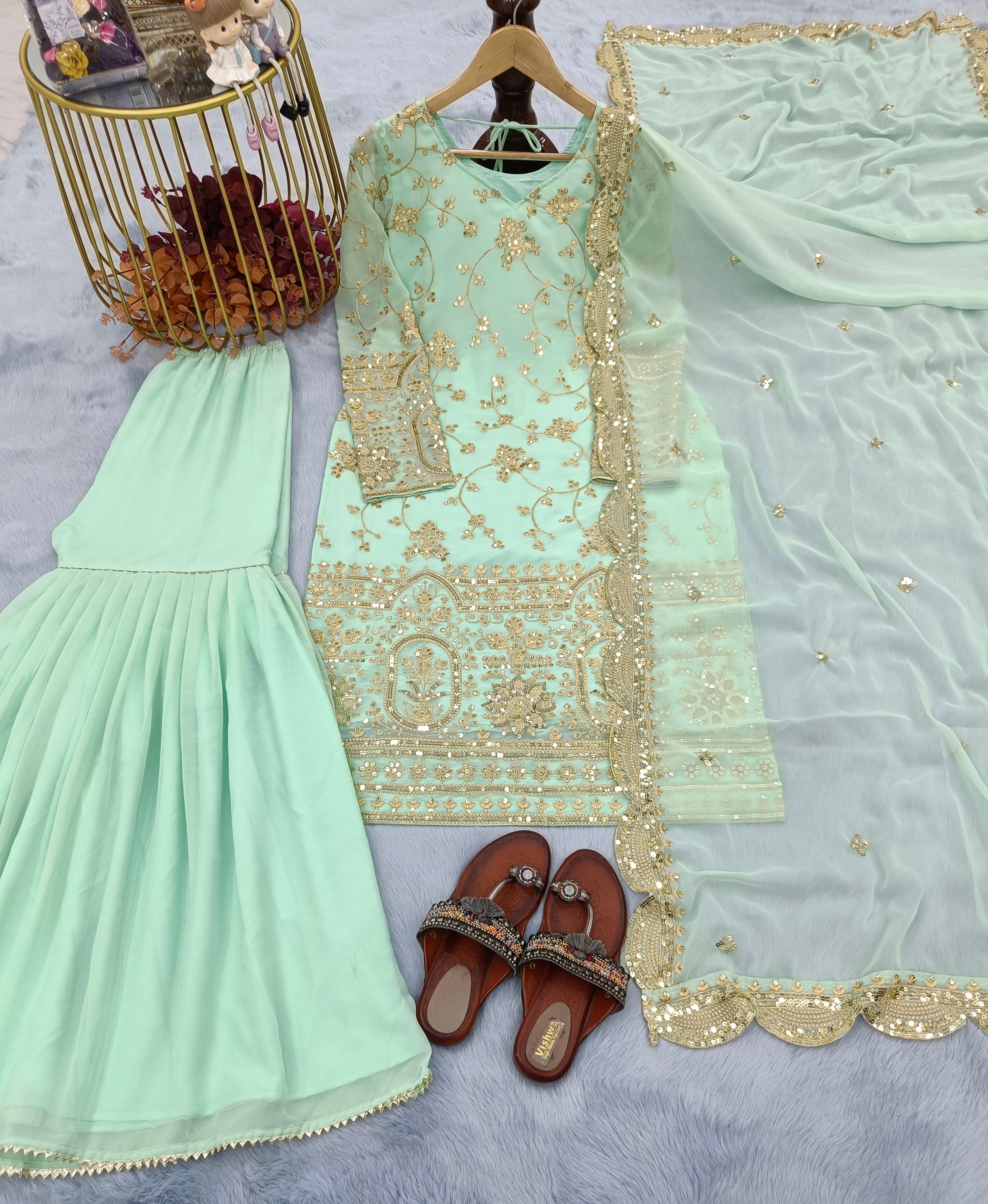 Fantastic Georgette Heavy Sequence Work Pista Color Sharara Suit