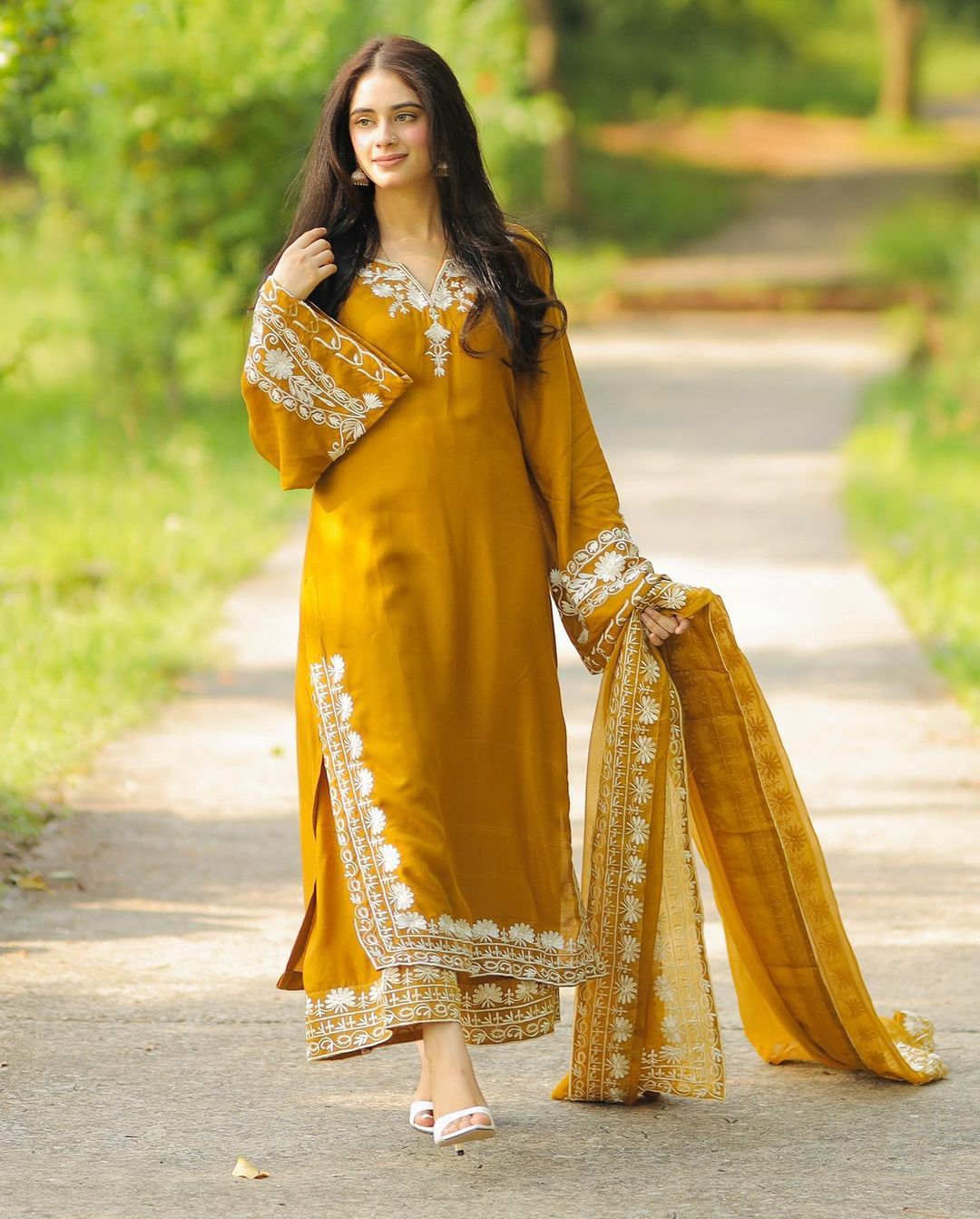 Beautiful Embroidery Work Mustard Color Kurti Pant With Dupatta