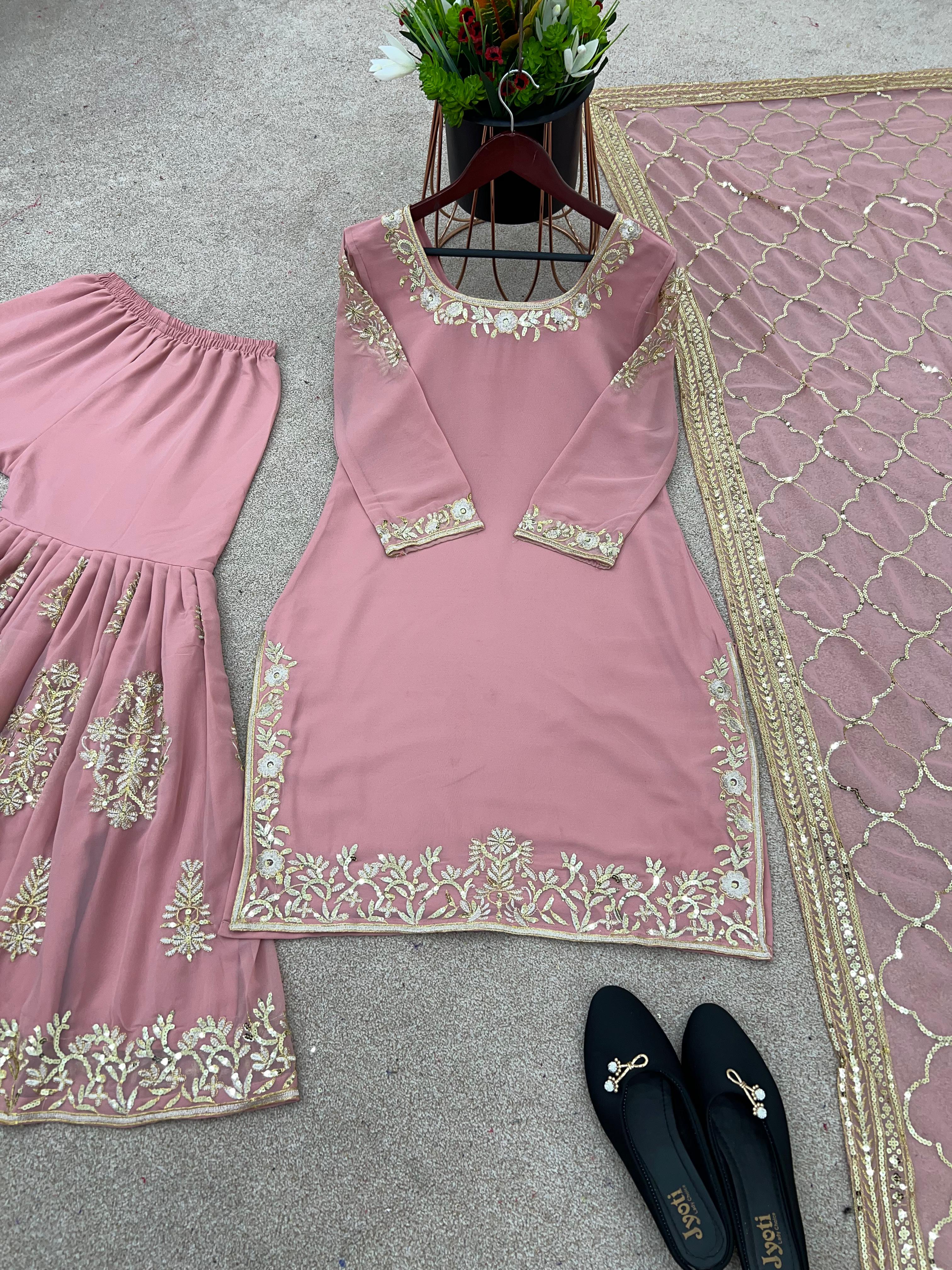 Dusty Pink Heavy Embroidery Sequence Work Sharara Suit