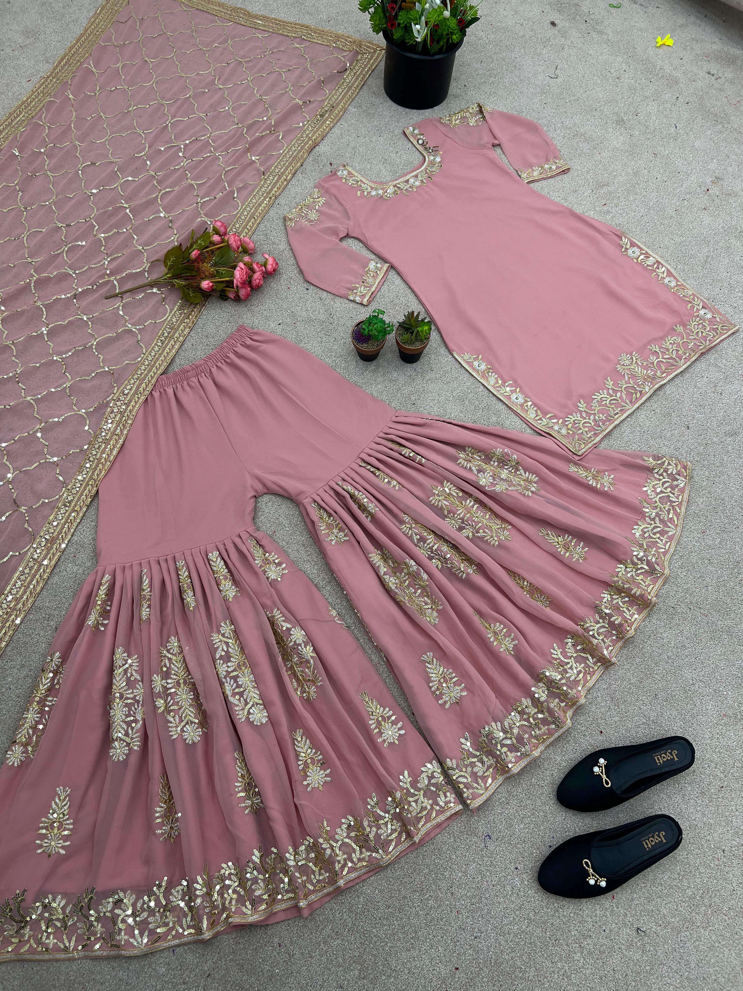 Dusty Pink Heavy Embroidery Sequence Work Sharara Suit